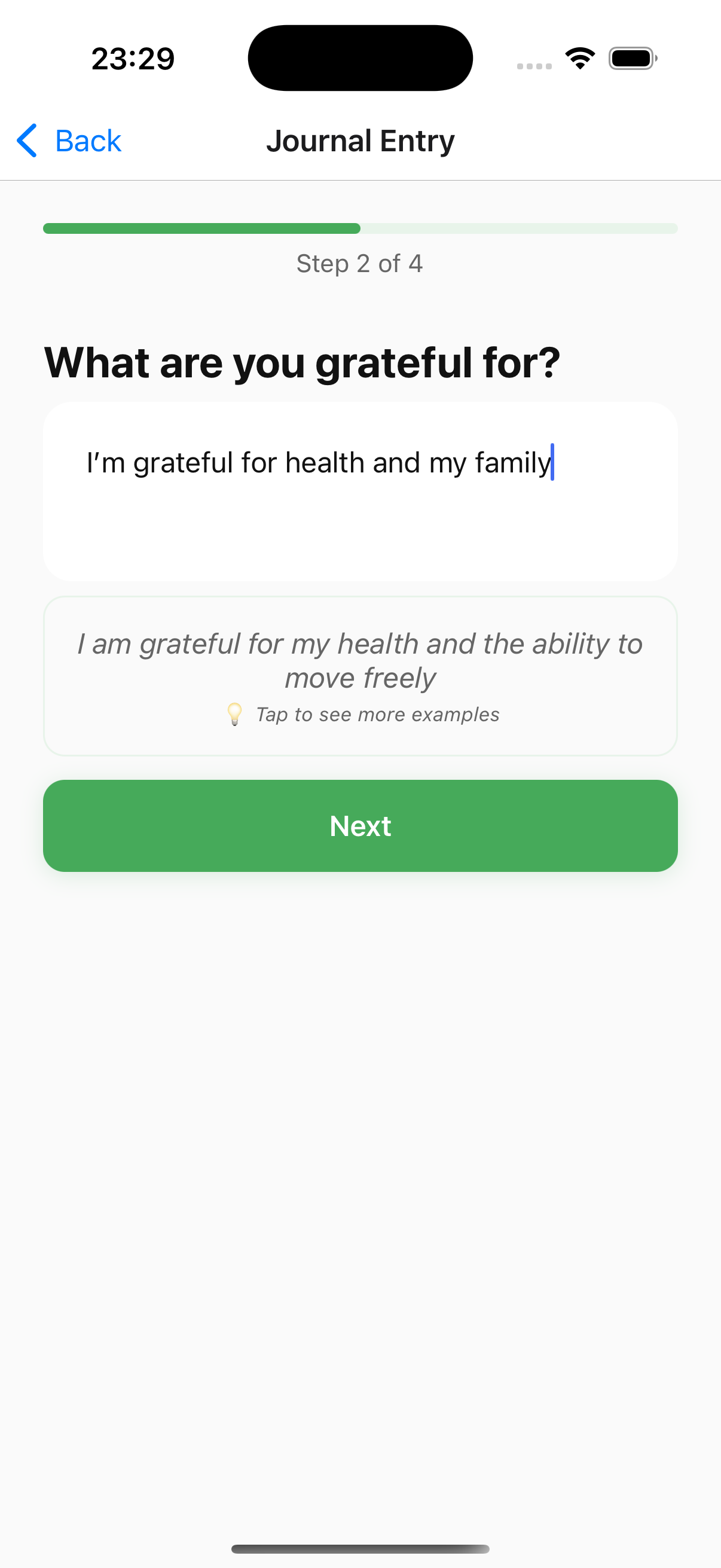 Gratitude reflection screen with guided questions