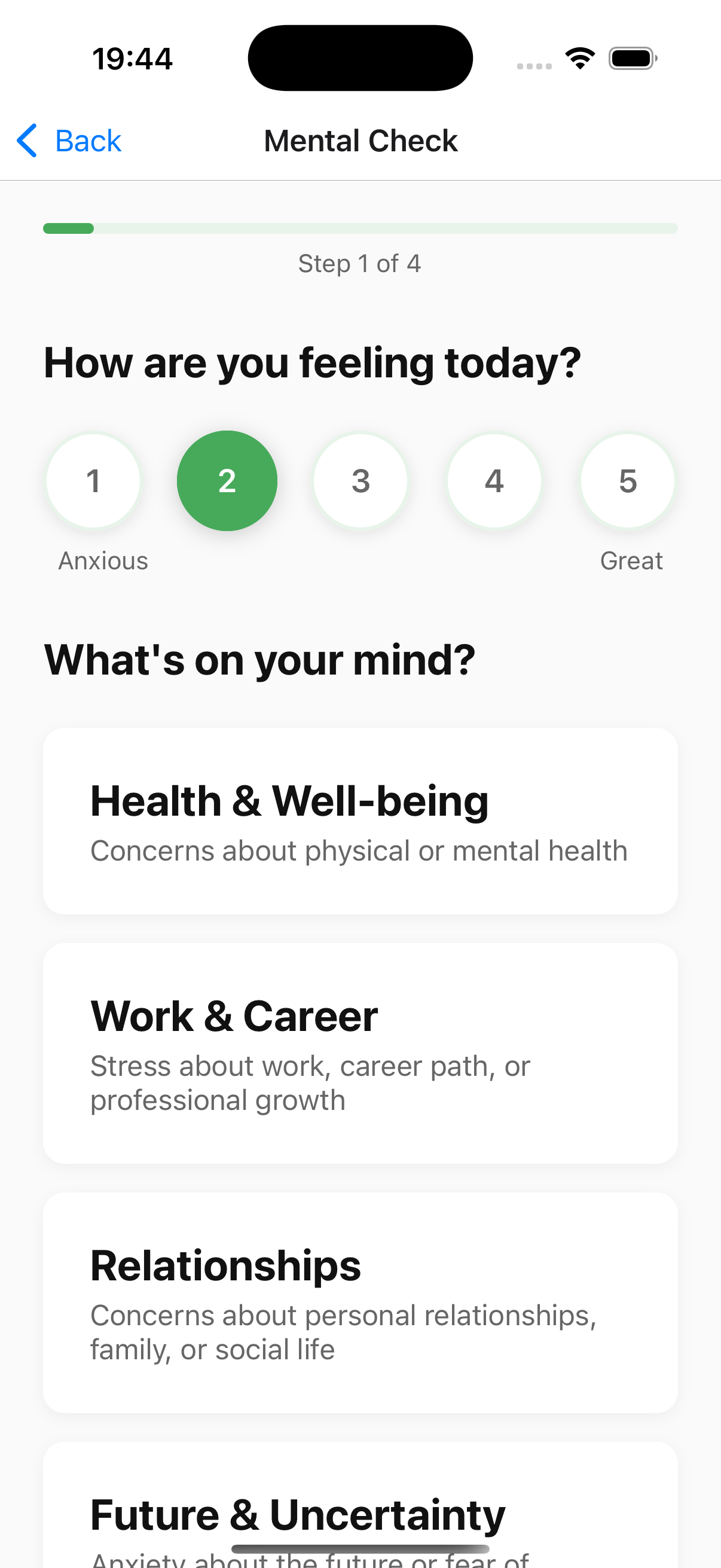 Mental health check-in screen with mood rating and concern selection
